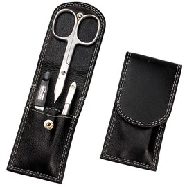 Sonnenschein by Hans Kniebes - Manicure Set 3 Pieces - Nail Scissors, Nail File and Tweezers - Pocket Manicure Nail Care Set - Nappa Sheepskin Manicure Case Black