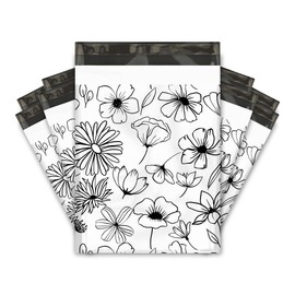 10x13 (100) Black and White Sketched Floral Summer Designer Poly Mailers Waterproof Self Sealing Tear Resistant Polymailers Shipping Envelopes Premium Printed Bags For Small Businesses