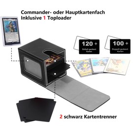 Venssu MTG Deck Box with Commander Display, Deck Box for 100 Double Sleeved Cards, PU Leather Magnetic Trading Card Box with 2 Dividers, 1 Dice Bag, 1 Toploader (Black and Grey)