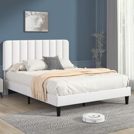 VECELO Queen Size Bed Frame with Upholstered Headboard, Velvet Platform Bedframe Mattress Foundation, Strong Wood Slat Support, No Box Spring Needed,White