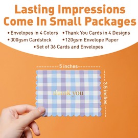 S&O Gingham Thank You Cards with Envelopes - Blank Greeting Card for Handwritten Messages - 3.5x5" Thank You Notes Set of 36 - Assorted Thank You Cards with Color Envelopes to Mix & Match