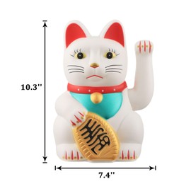IBWell Gold/Black/White Maneki Neko Lucky Cat,Fengshui Cat- Waving Arm Battery Operated for Fortune Money and Good Luck (White, 10 in)