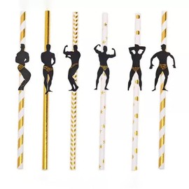 24PCS Gold Striped Male Dancer Disposable Straws, Black Muscle Male Shape Straws, Funny Bachelorette Bridal Shower Party Drinking Supplies