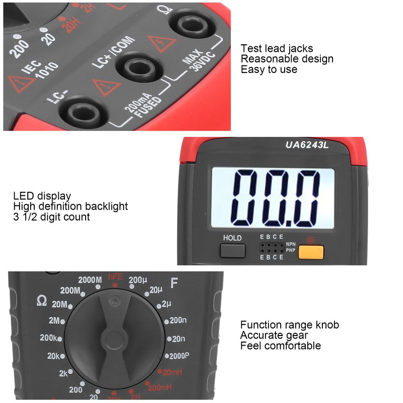 UA6243L Handheld LED Digital Multimeter Capacitance Meter Resistance Tester 1999