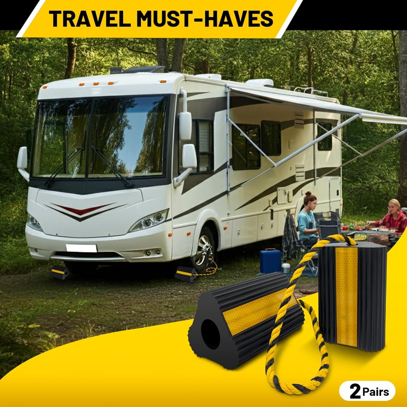 ROBLOCK Wheel Chocks (2pair/4pack with Rope) for RV Trailer Camper