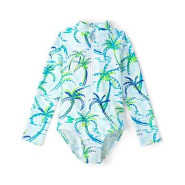 Gymboree,Girls,and Toddler Long Sleeve Rashguard One Piece Swimsuit,White Palm Trees,10