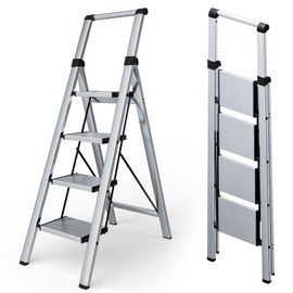 Taranta 4 Step Ladder, Portable Folding Ladder with Wide Pedal, Lightweight Aluminum Step Stool with Convenient Handgrip, 330 lbs Capacity Stepladder for Home, Office - Silver