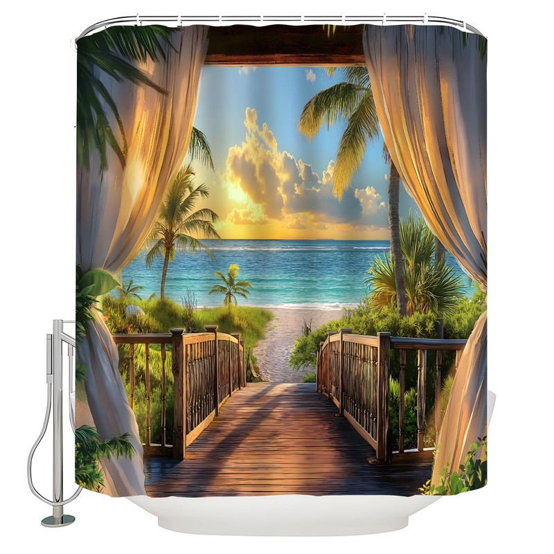 KDYDK Ocean Beach Shower Curtain Teal Orange Sea Sunset View