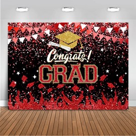 Mocsicka Graduation Party Decorations 2025 Congrats Grad Backdrops for Photography Bachelor Cap Congratulations Grad Photo Backdrop Graduation Prom Party Supplie (Red, 7x5ft (82x60 inch))