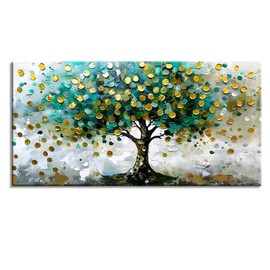Zestflickr Tree of Life Wall Art money tree Golden Oil Painting Canvas Artwork Landscape Picture for Living Room Bedroom Home Office Kitchen Decor (28x58 inches)