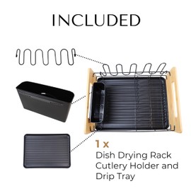 JS Gourmet Dish Drying Rack with Cutlery Holder and Drip Tray, Rust-Resistant Powder Coated Iron Wire Dish Drainer with Bamboo Sides for Organizing Kitchen Counter, Dishes and Utensils