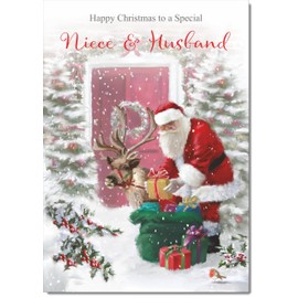doodlecards Niece and Husband Christmas Card Santa with Parcels Medium Size Christmas Card for Niece & Husband with Plain Envelope