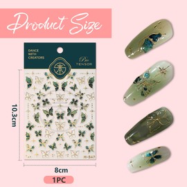 GlamRays Butterfly Nail Stickers Nail Art Stickers Decals 5D Relief Butterfly Nail Decals Green Butterfly Star Gold Edges Design Butterfly Nail Stickers