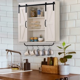 RUSTOWN Rustic Wood Wall Storage Cabinet with Two Sliding Barn Door, 3-Tier Decorative Farmhouse Vintage Cabinet for Kitchen Dining, Bathroom, Living Room, Vintage White