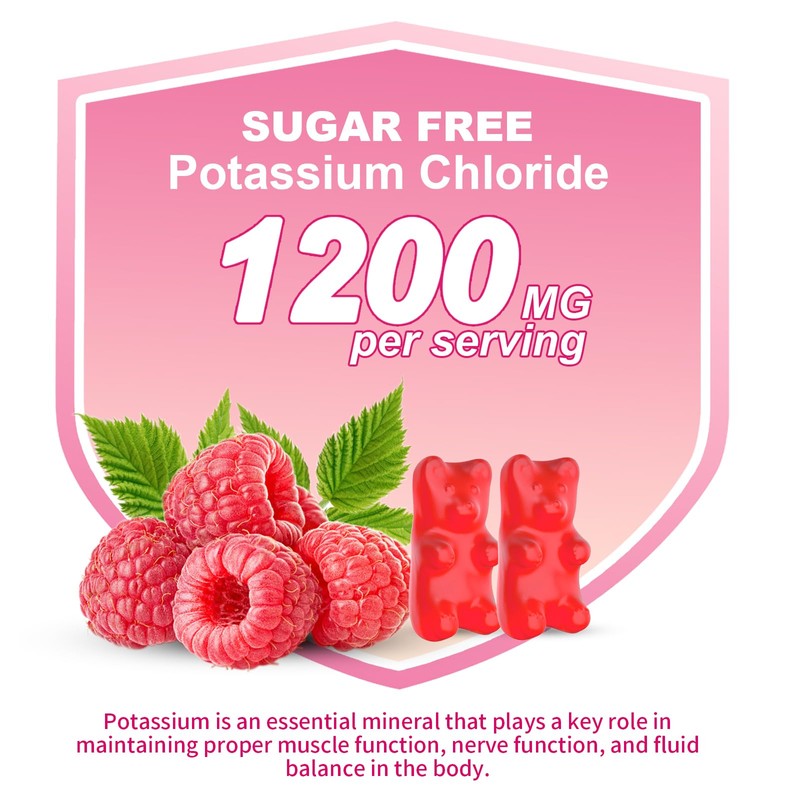 Potassium Gummies, Potassium Chloride Gummies 1200mg for Adults, Sugar-Free Potassium
