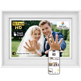 NexFoto Touchscreen Digital Picture Frame 10.1 Inch, WiFi Photo Frame Electronic 64GB, Easy to Share Photos/Videos via App/USB/Micro SD, for Mom, Birthday, White Wood