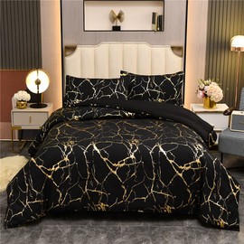 Holawakaka Gold Metallic Marble Comforter Set Full Size Foil Print Glitter Bedding Sets,Black/Gold,Full