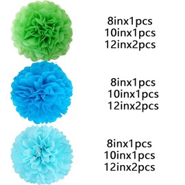 We Moment Zone Pack of 12 Paper Pompoms Set, Blue Light Blue Green Pom Poms Paper for Baby Boys and Girls Birthday Party Decoration