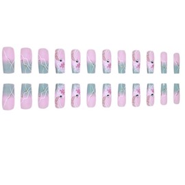 Press on Nails Square Medium Artificial Acrylic Fingernails Marble Pattern False Nail Gradient Flower Design French Fake Nail Full Cover Glossy Reusable Coffin Glue on Nails for Women 24Pcs