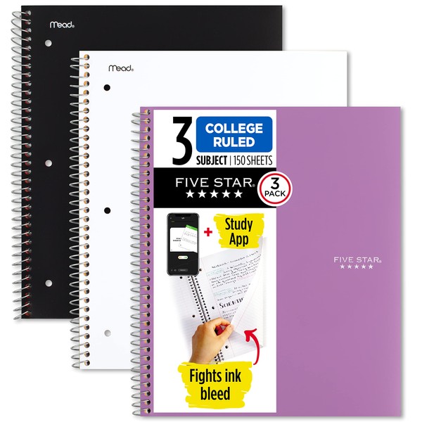 Five Star Spiral Notebook + Study App, 3 Pack, 3 Subject, College Ruled Paper, Fights Ink Bleed, Water Resistant Cover, 8-1/2" x 11", 150 Sheets, Black, White, Purple (820192)