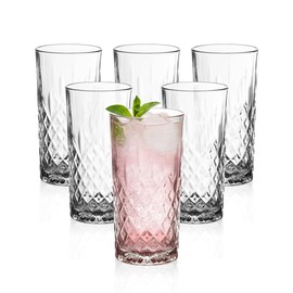 Vikko Drinking Glass, Set of 6 Crystal Style Tall Beverage Glasses, 12.25 Ounce Old Fashioned Highball Glasses, Dishwasher Safe Textured Collins Glass