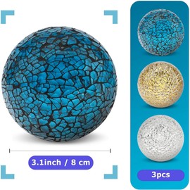 Kepfire 3Pcs Mosaic Glass Solid Sphere 3.15 Inch Crackl Orbs for Bowls Vases Dining Table Home Decoration (Silver, Gold, Blue)