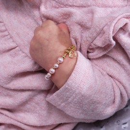 Cherished Moments Children's 14K Gold-plated Bracelet with Pink High-End Simulated Pearls and Open Heart Charm for Girls (LG)
