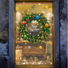 Dosminer Green Christmas Wreath Window Stickers, Vibrant Garland with Gifts and Fruits Snowflake Window clings, Removable Murals Home Decorations Party Supplies