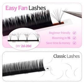 Lunamoon Easy Fan Lashes, Self-Fanning Eyelashes, 2D-20D Volume Eyelashes for Volume Technique, Eyelash Extensions, Eyelash Extensions (0.05-C, 12 mm)