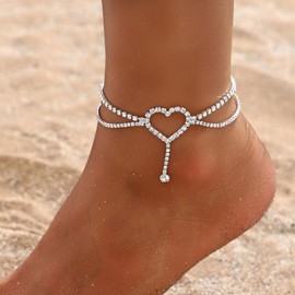 JEYNIREANG Heart Rhinestone Anklets for Women Rhinestone Heart Pendant Ankle Bracelets Tennis Anklet for Women Adjustable Heart Jewelry (Silver style)