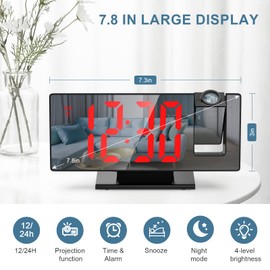Upgraded Projection Alarm Clock, 4-Level Dimmer, 7.8" Large Screen, Snooze Function, 12/24H, Temperature Display, Ceiling Digital Alarm Clock with 180° Projector for Bedroom, Elders, Red