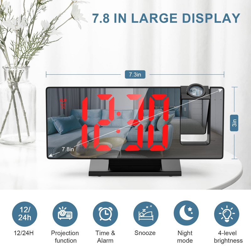 Upgraded Projection Alarm Clock, 4-Level Dimmer, 7.8" Large Screen, Snooze