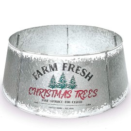 Hallops Galvanized Christmas Tree Collar - Adjustable Metal Christmas Tree Skirt - Standard Size, 28 Inch Base - Durable Christmas Decor for Large and Small Trees - Distressed White Farmhouse Design