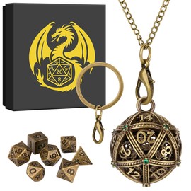 Mini DND Dice Set with Keychain Necklace Pocket Chain Spherical Hollow D20 Metal Case, 7pcs Polyhedral Metal D&D Dice Set, DND Gifts with Gift Box, Role Playing Board Games Accessories, Bronze