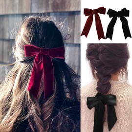 Bowknot Hair Clips Red + Black Bow Clip Velvet Satin Ribbon Bows Craft Bows Large Hair Bows Clips for Women and Girls Hair Bows with French Hair Clip, 14 cm 2 Pieces