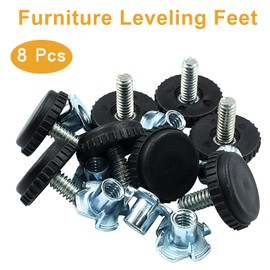 Zorveiio 1/4"-20 Furniture Leveling Feet 8 Pcs Adjustable Table Levelers T-Nut Kit Chair Glide Leveling Screw in Threaded for Patio Furniture Tables Chairs Legs