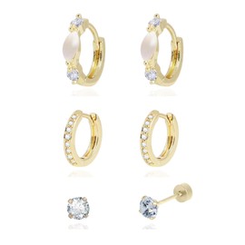 3Pairs Gold Huggie Hoop Stud Earrings Set for Women Trendy, Dainty Small 14K Gold Plated Hypoallergenic Earrings for Multiple Piercing, Minimalist CZ Cartilage Earrings for Women