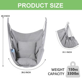Goutime Hammock Chair, Boho Hanging Rope Ceiling Swing, Macrame Hanging Swinging Chair for Indoor,Outdoor,Bedroom,Outside,Garden,Balcony,Yard,Deck,Max 330 Lbs (Gray)