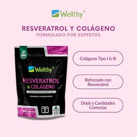 Wellthy Resveratrol y Colágeno Cápsulas.1350mg de Colageno Hidrolizado, 600mg de Resveratrol. Vcaps Cápsulas Veganas, Gluten Free, Sugar Free, Bottle 