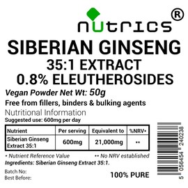 Nutrics® 35:1 Siberian Ginseng Extract 50g Powder 0.8% Eleuth - 100% Pure - Free from fillers, Binders & Bulking Agents (50g Extract Powder)