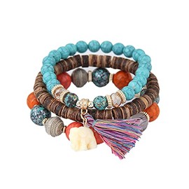 3Pcs Bohemian Stackable Wood Wooden Beads Elephant Charm Bracelet Set Ethnic Multilayered Tassel Stretchy Bracelet for Women Men Boho Jewelry Birthday Gift-E rainbow