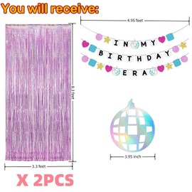 JIAHAO In My Birthday Era Banner & Pink Tinsel Curtains Set, 1PCS In My Birthday Decor & 2PCS Sparkly Backdrop for Singer Inspired Party, Celebration Supplies