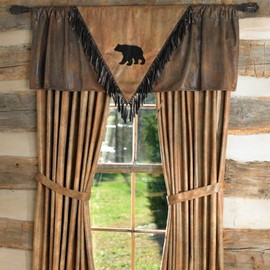 BLACK FOREST DECOR Rustic Lodge Valance with Bear Appliqué - Faux Leather Fringe Window Treatment