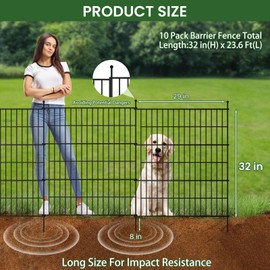 WXCOPON 10 Panels No Dig Garden Fence with Gate, 32 in(H) X 23.6 ft(L) Dog Fence Outdoor for Yard, Rustproof Metal Animal Barrier Fence, Decorative Pet Fence Panels for RV Camping Patio Landscape