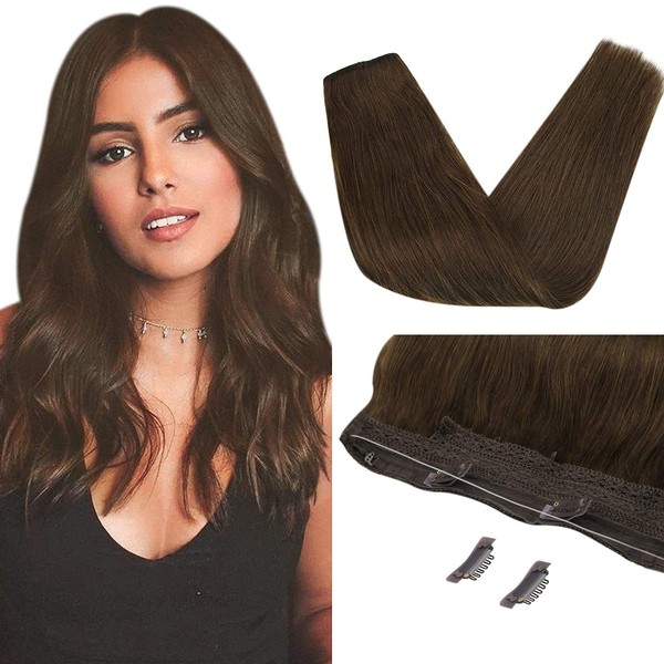 Sunny Halo Human Hair Extensions No Glue One Piece Extensions Color #4 Brown Invisible Wire Hair Extensions Remy Hair 14 inch 80g/pack