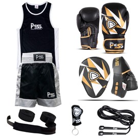 Kids boxing 6 pcs set uniform set top & short Boxing gloves Black 1021 Focus Pad Black 1109 Wrap-Rope-key chain Professional accessories kit for sparring sports – 6OZ (1109 Black, 5-6 Year)