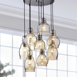 Vintage Pendant Chandelier for Kitchen Island, 8-Light Ceiling Chandelier with Amber Glass Lampshade, Round Antique Finish Ceiling Lighting Fixtures for Dining Room, Cafe, Bar