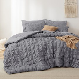 Bedsure Bed in a Bag Queen - Queen Comforter Set 7 Pieces Plaid Seersucker Bedding Set, Soft Lightweight Down Alternative Comforter, Queen Bed Set (Grey Plaid, Queen)