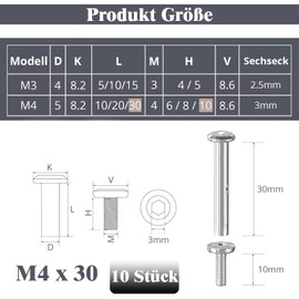 Pack of 10 connecting screws, M4 x 30 mm, stainless steel A2 V2A, furniture screws, sleeve nut with Allen keys, furniture connectors, cabinet connectors, suitable for connecting wooden boards