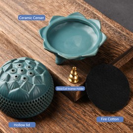 plainele Ceramic Lotus Incense Burner with Incense Stick Holder,Handmade Smudging Burn Bowl Use for Stick/Coil Incense,Sage and Mosquito Incensel (Lotus 01)